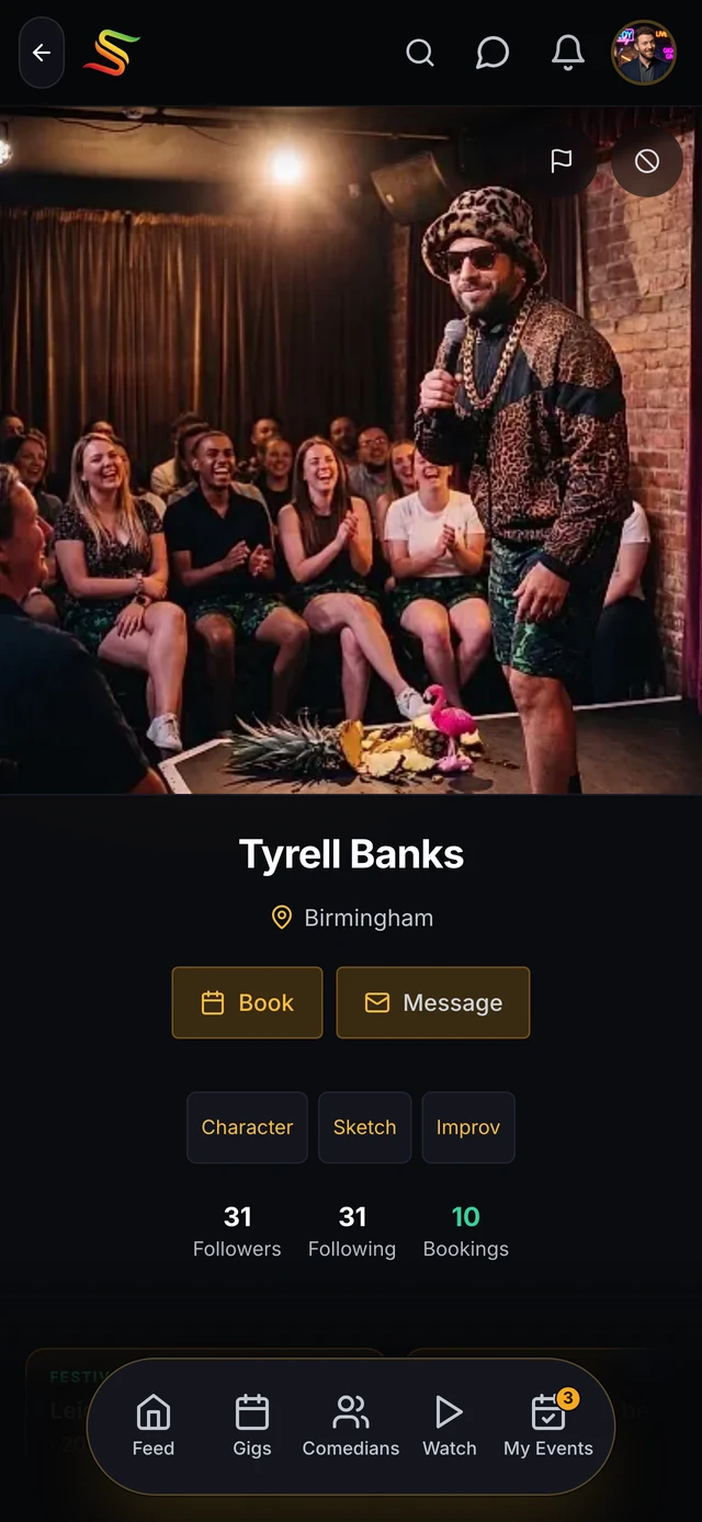 A comedian profile showing festival credits, follower counts, and Follow, Book and Message buttons.