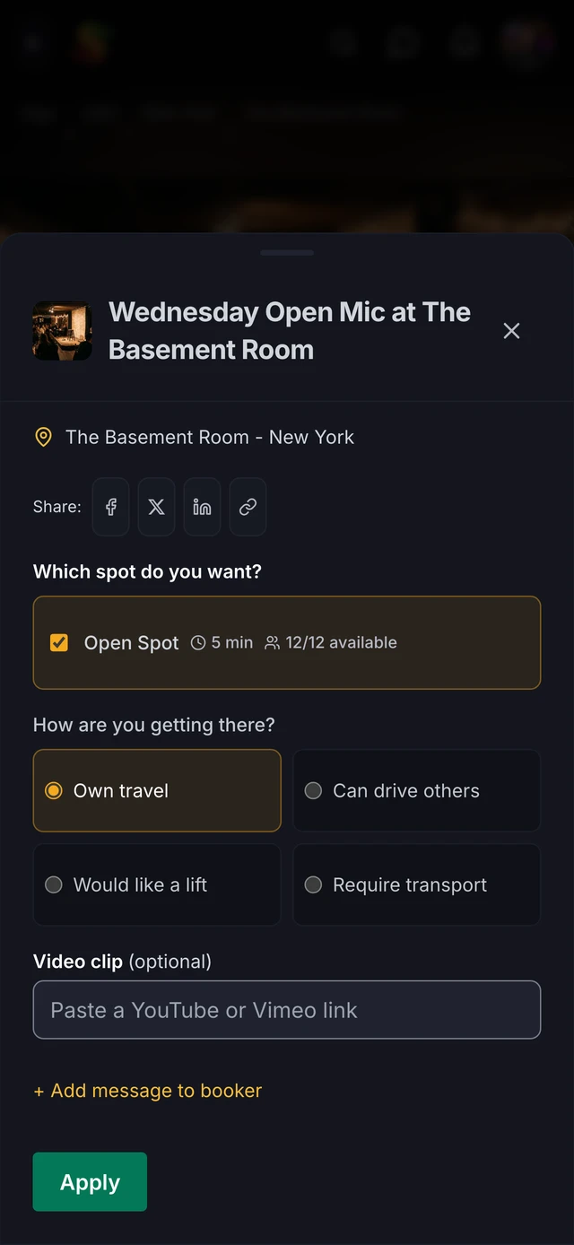 The apply sheet: choosing a five-minute open spot, setting travel, and pasting a video clip link.