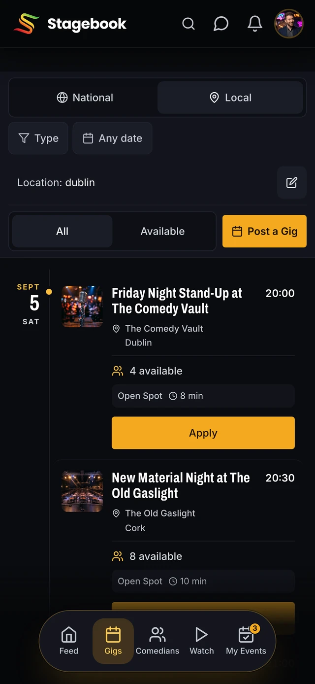 The Stagebook gigs list, showing an open mic and a stand-up night with the open spots each still has.