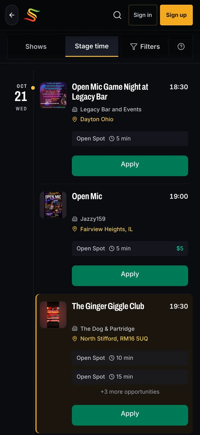 The Stage time tab of the gigs list: each open spot with its set length, its fee where it pays, and an Apply button.