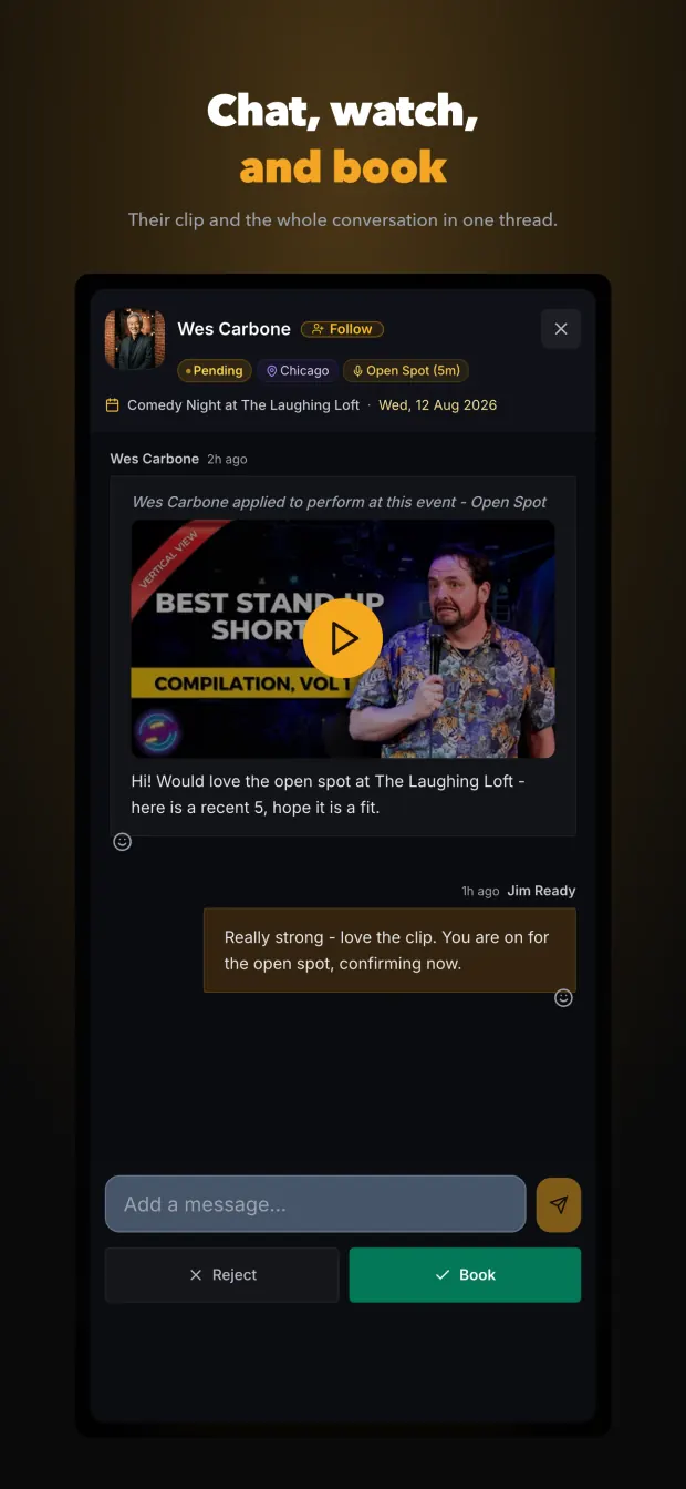 Chat, watch and book - an application thread with the comedian's clip and the booking buttons.