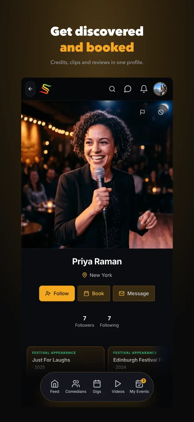Get discovered and booked - a comedian profile with festival credits, clips and a book button.