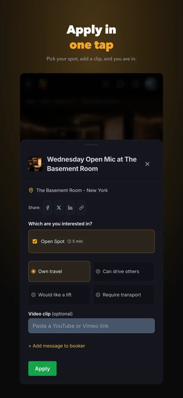 Apply in one tap - the apply sheet, where a comedian picks a spot, sets travel and attaches a clip.