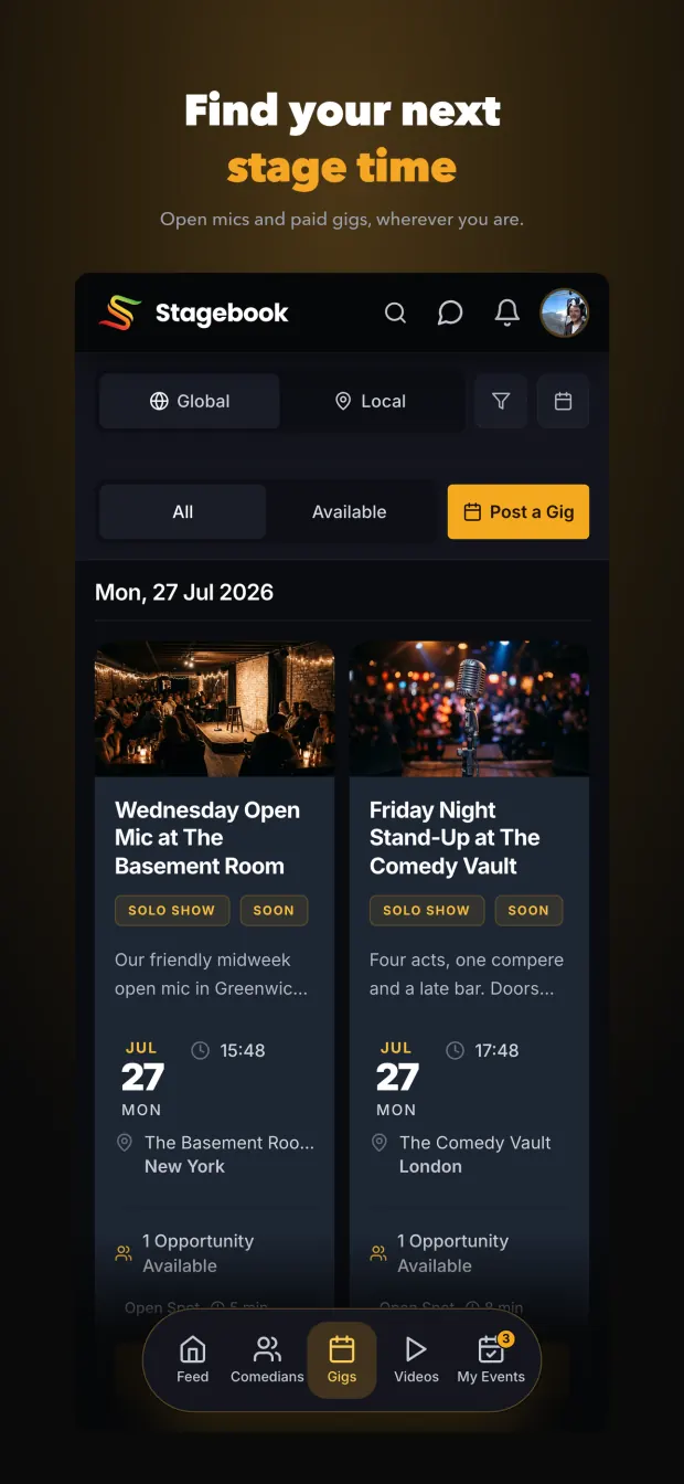 Find your next stage time - the Stagebook gigs list showing open mics and paid gigs with the spots still available.